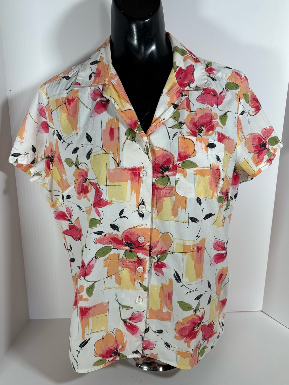 Karen Scott White Short-Sleeve Button-Down Shirt with Pink & Yellow Floral Print